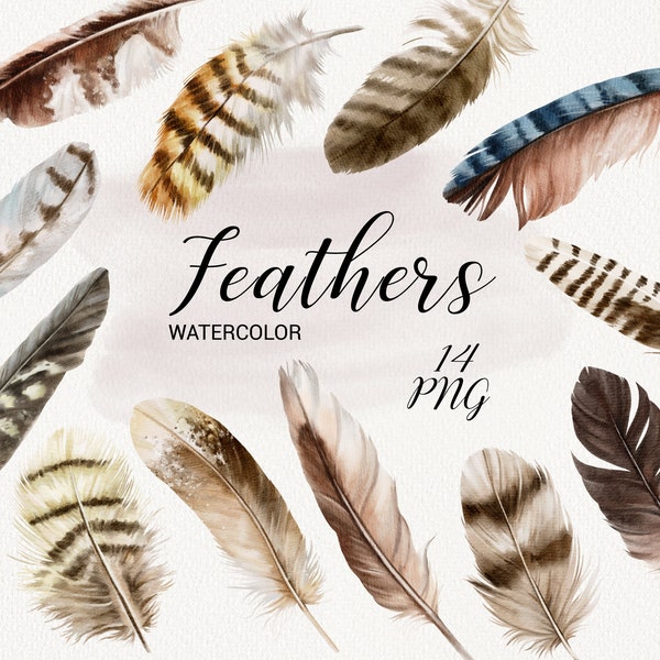 Watercolor Feather Clipart, Exotic Boho Set, Bohemian clip art, wedding invitation, scrapbooking set, digital for instant download, PNG