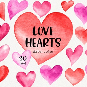 Clipart de San Valentín en acuarela, gráficos de corazones, clipart de amor, corazones de acuarela, clipart de corazón, clipart del Día de la Madre, gráficos de San Valentín