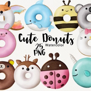 Clipart di ciambelle dell'acquerello, ClipArt di ciambella animale carino, festa di compleanno per bambini, cibo da forno dolce, invito Baby Shower, Download istantaneo PNG