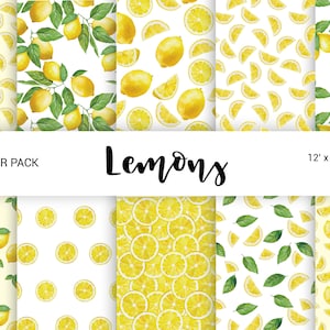Watercolor Lemon Digital Paper, Hand painted summer lemon fruit clip art, flowers lemon, Invitation Wedding Citrus Scrapbook 12''x12'' JPG