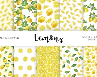 Watercolor Lemon Digital Paper, Hand painted summer lemon fruit clip art, flowers lemon, Invitation Wedding Citrus Scrapbook 12''x12'' JPG