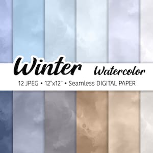 Winter Watercolor Digital Paper Pack, Abstract Watercolor Background, Seamless Pattern, Snow tones Soft Blue Texture Scrapbooking JPEG files