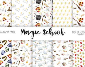 May include: A digital paper pack with 10 different patterns featuring watercolor illustrations of magic school themed objects. The patterns include glasses, wands, books, a cauldron, a letter, a scarf, a key, lightning bolts, and jelly beans. The text "Magic School" is written in black cursive lettering. The text "13' x 13' / 10 JPG / 300 DPI" is written in black sans-serif font.