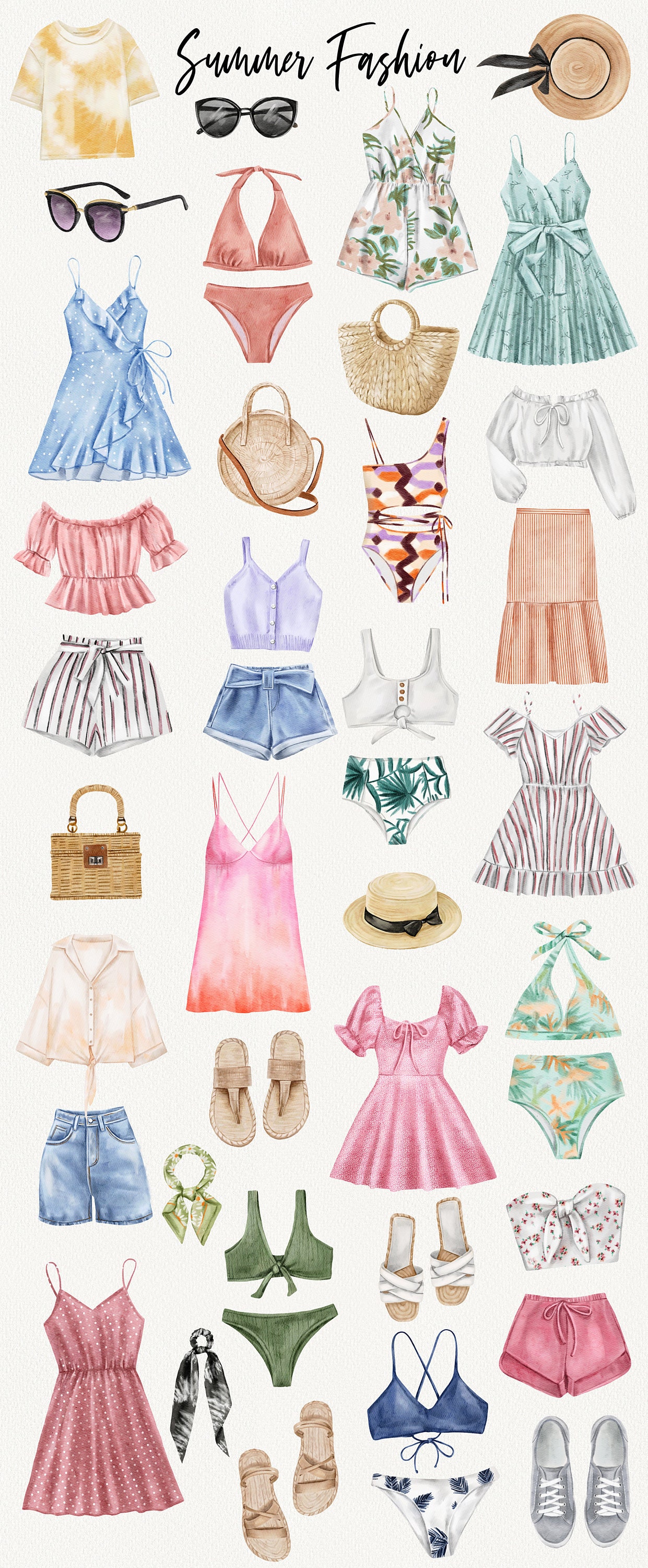 SUMMER Fashion Watercolor, Summer outfits collection for blog,  magazine,essentials, boho outfits, clothes, shoes dresses Clipart digital  PNG