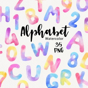 Watercolor Rainbow Alphabet Clipart, Pastel Colourful Alphabet, Watercolor Separate Letters, Numbers, Baby Shower Birthday Nursery Decor PNG