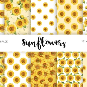 Pacchetto di carte digitali Girasole, bouquet di fiori gialli estivi ad acquerello, motivo floreale senza soluzione di continuità, set di scrapbooking con fiori di campo 12x12 JPEG