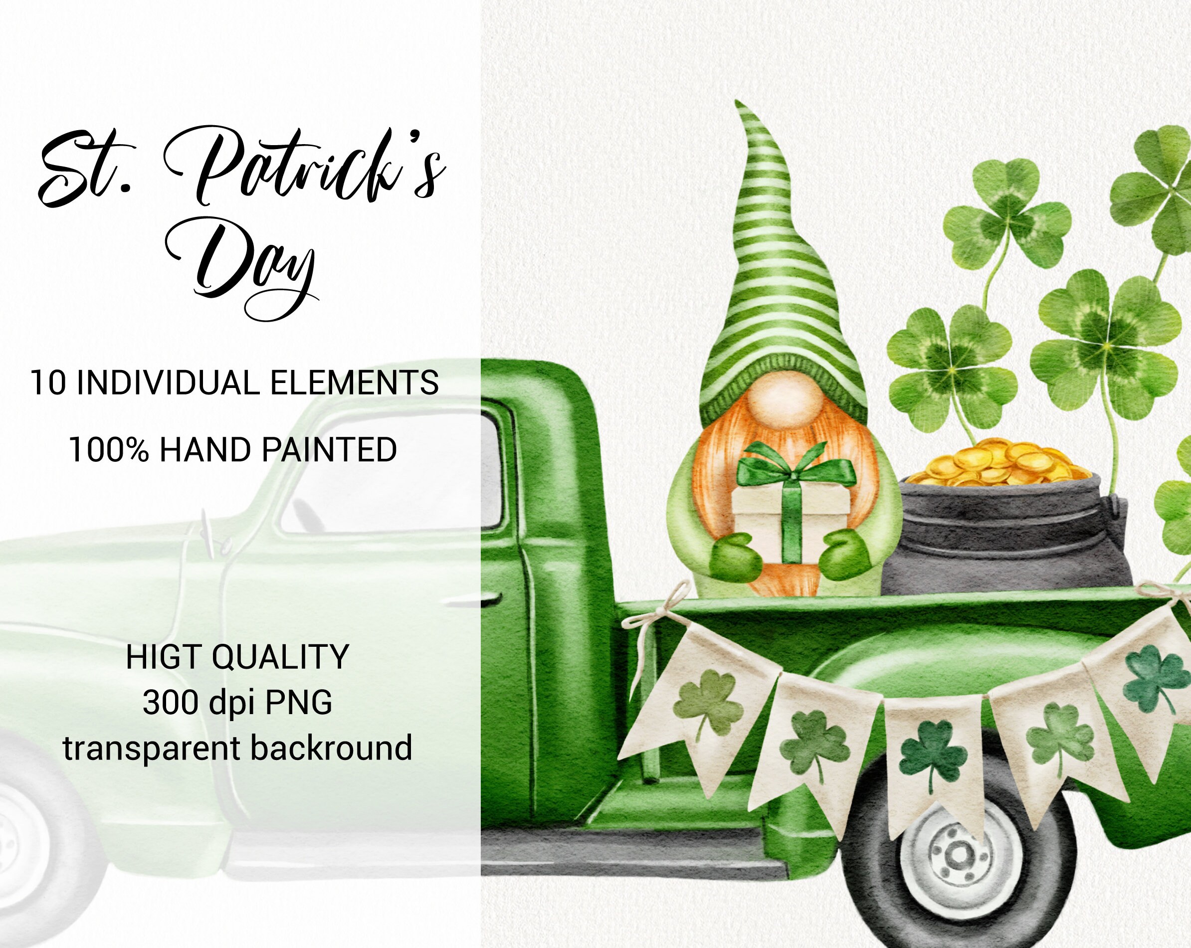 Watercolor St Patrick's Day Clipart, Vintage Green Truck, Cute Gnome ...