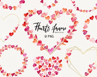 Clipart de coroa de coração de dia dos namorados em aquarela, moldura de cartão de dia dos namorados, clipart de férias de casamento, moldura de coração de amor pintada à mão PNG DIY