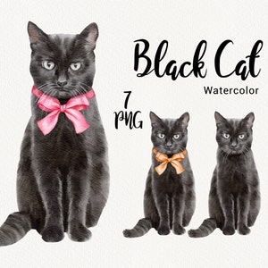 Watercolor Black Cat clipart, Happy Halloween Cute clip art, Fall autumn, Pets, Cat with a Bow, Party invitation, Instant Download PNG