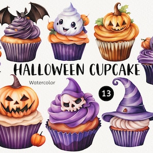Aquarell Halloween Cupcake Clipart, süße Süßigkeiten, Hexenhut, gruseliger Schädel, Herbst Herbst, Partyeinladung, Scrapbook, Instant Download PNG