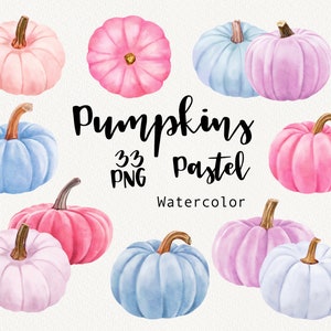 Pastel Pumpkin Clipart, Watercolor calabazas rosa, azul, violeta clip art, Baby shower, halloween, fabricación de tarjetas de cumpleaños, sublimación PNG DIY