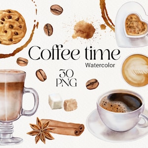 Watercolor coffee clipart, coffee beans, cup of cappuccino, star anise, stains, cinnamon, coffee decor, coffee mug, crema, DIY elements PNG