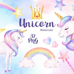 Unicorn Watercolor clipart, Rainbow clip art, Woodland Animals, Birthday Party, Magic Multicolor Unicorn Graphics, Kids Clipart, PNG