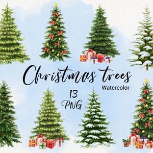 Clipart albero di Natale ad acquerello, alberi di neve, rustico, albero di Natale con regali, clipart invernale, design natalizio, pianificatore, scrapbooking PNG