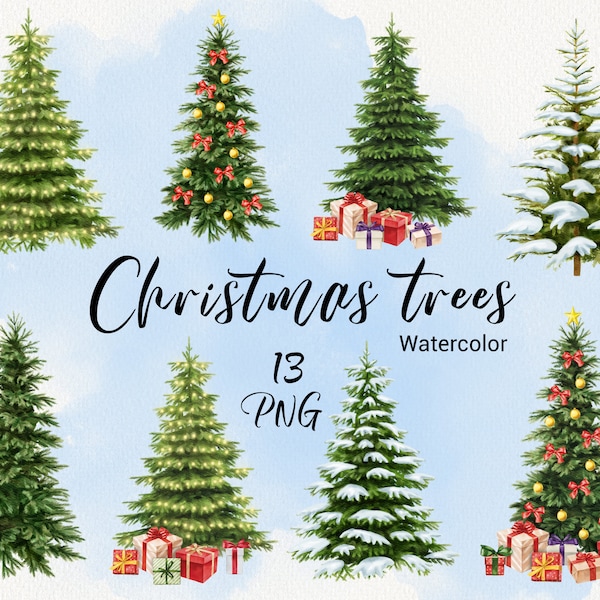 Watercolor Christmas Tree Clipart, Snow Trees, Rustic, Christmas tree with gifts, Winter clipart, Holiday Design, planner, scrapbooking PNG