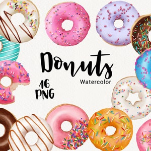 Imágenes Prediseñadas de donuts de acuarela, Clip art de comida de panadería dulce, respaldo, fiesta de cumpleaños, imágenes prediseñadas de verano, invitación de baby shower, descarga instantánea PNG