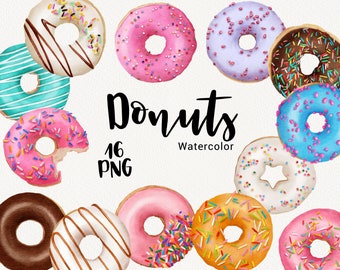 Watercolor Donuts Clipart, Sweet Bakery Food Clip art, Backing, Birthday Party, Summer Clipart, Baby Shower invitation, Instant Download PNG