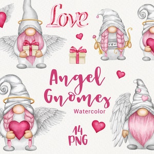 Aquarel Angel Gnomes, Valentijnsdag Kabouters Clipart, Roze Hart clip art, Leuke Cupido, Liefde, Scandinavische, Wedding Invitation Planner PNG