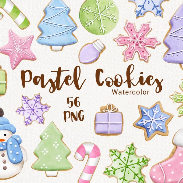 Christmas Pastel Cookies Clipart, Watercolor Gingerbread, sweets, candy, snowflake, cute Winter Clipart, Cozy holiday,  scrapbooking PNG