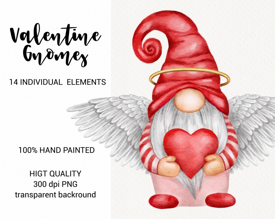 Valentine Day Gnomes Clipart, Watercolor Love Gnome and Red Heart Clip ...