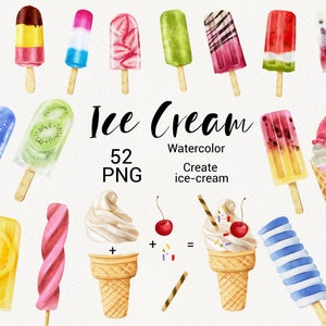 Clipart gelato, Acquerello Gelato estivo, cono waffle, ghiacciolo, clip art digitale dipinto a mano, set di compleanno tropicale FAI-DA-te PNG