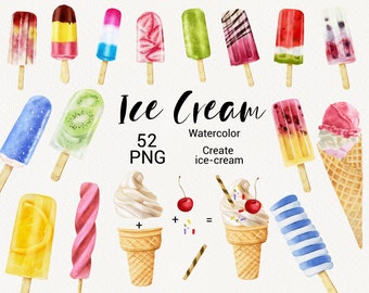Ice cream Clipart, Watercolor Summer Icecream, waffle cone, popsicle, hand painted digital planner clip art, tropical birthday set DIY PNG