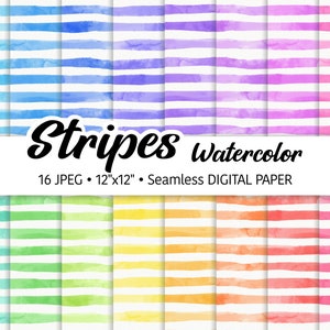 Watercolor Stripes Digital Paper Pack, Abstract Watercolor Textures, Seamless Pattern, Rainbow Tones, Rainbow Background, Brush, JPEG files