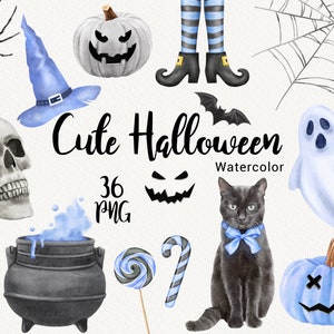 Joyeux Halloween Clipart, aquarelle mignon bleu Halloween, citrouille chat chapeau de sorcière, automne automne clip art, invitation fête, téléchargement immédiat PNG