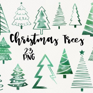Clipart dell'albero di Natale, scarabocchi di alberi ad acquerello, design delle vacanze invernali, etichette regalo, pianificatore, scrapbooking Download istantaneo disegnato a mano, PNG