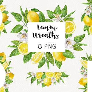 Watercolor Lemon Clipart, lemon wreath clip art, flowers lemon, Invitation Wedding, summer Citrus Scrapbook PNG files DIY