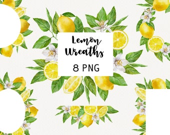 Watercolor Lemon Clipart, lemon wreath clip art, flowers lemon, Invitation Wedding, summer Citrus Scrapbook PNG files DIY
