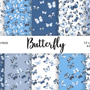 Acuarela Mariposa Papel digital sin costuras, Paquete de papel azul álbum de recortes de verano, Baby shower, patrón, planificador, Descarga digital 13x13 JPG PNG