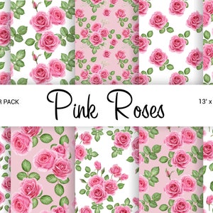Rose Digital Paper, Watercolor Pink Roses, Floral Seamless Pattern, Scrapbook Background, Printable Paper pack, Digital download 13x13 JPG