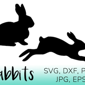 May include: Two black silhouette images of rabbits. The rabbit on the left is sitting upright with its ears up. The rabbit on the right is running with its ears up. The text "Rabbits" is below the images. The text "SVG, DXF, PNG, JPG, EPS" is below the text "Rabbits".