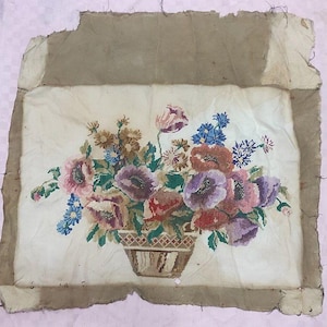 Canvas from an old rare painting hand embroidery cross-stitch Ukraine Bouquet of flowers in a pot ready tapestry without frame original 1970