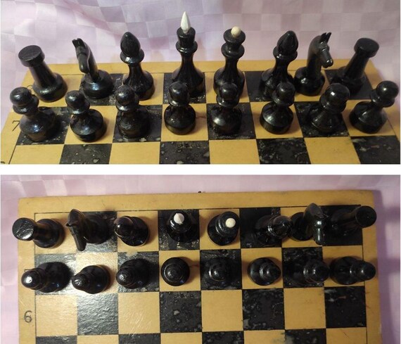 チェスセット　木製板、駒〈ソ連×アメリカ〉 183_24_ソビエト木製チェスセット、ヴィンテージ木製ボード、ロシア