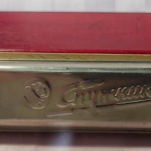 以下が含まれることがあります： 前面に「Hohner」の文字が刻まれた銀色のハーモニカ。ロゴの隣にあります。ハーモニカは金色のトップで、半透明の赤いケースの前に配置されています。ハーモニカの両端には4つの穴が並んでいます。