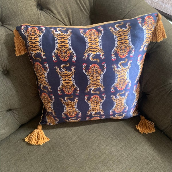 X2 Tibetan Tiger Cushions-Blue,Gold,Orange Tassels Cushions /Maximalist Cushion/Animal Cushion