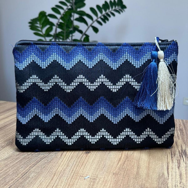 Night Bag, Designer Party Clutch, Ultra Slim Modern Clutch with Tassel, Women’s Bohemian Clutch, Zigzag Patterned, Line Detailed Bag, Custom