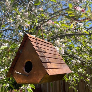 Puede incluir: Una casa para p&aacute;jaros de cobre con un techo triangular de paneles met&aacute;licos horizontales, un orificio de entrada circular y una peque&ntilde;a percha de madera que sobresale. La estructura cuelga de un gancho met&aacute;lico frente a un &aacute;rbol en flor.