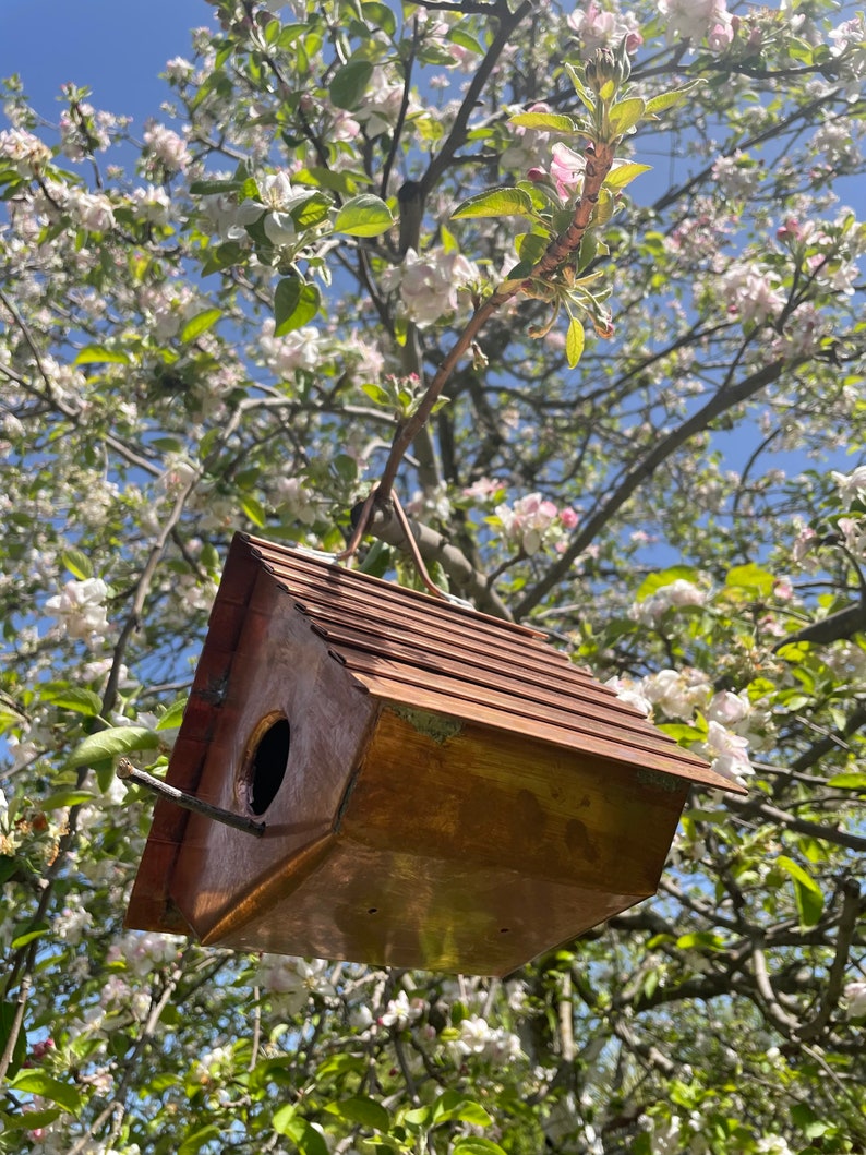 Puede incluir: Una casa para p&aacute;jaros de cobre con un techo inclinado y acanalado, que presenta un orificio de entrada circular con una peque&ntilde;a percha de madera que sobresale. La estructura est&aacute; suspendida por un alambre met&aacute;lico y tiene un acabado brillante.