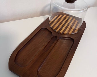 Vintage MCM Kustom Kraft Black Walnut cheese board with cloche dome