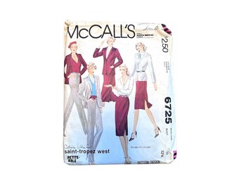 McCall's Pattern 6725 Miss Size 10 Bust 32 1/2" Chaqueta Falda Pantalones Corte Completo