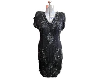 Medium • Vintage 80s Sténay beaded silk cocktail dress new with tags