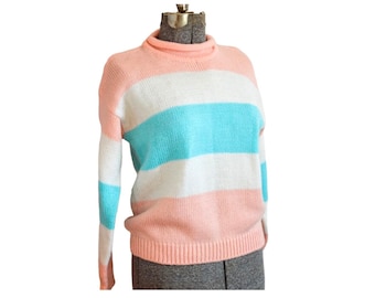 Medium • Vintage 1980’s AJ & Friends Mock Neck Pastel sweater Color Blocked Striped