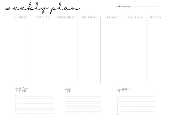 Weekly Planner Printable Weekly Calendar Digital Download - Etsy