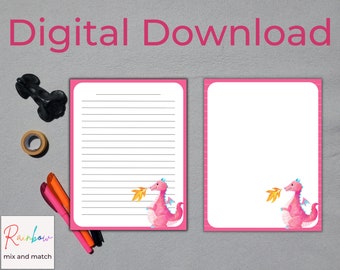 Printable Watercolor Pink Dragon Stationery US letter Size | Bright Pink Border | Instant Download | Letter Writing | Digital Paper