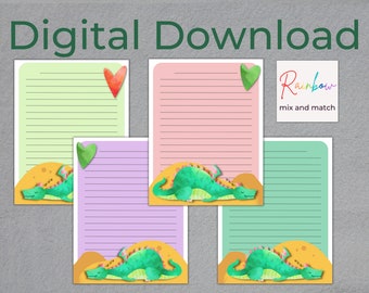 May include: Printable stationery set with a green dragon sleeping on a yellow sand dune. The set includes four different colored papers with lined writing space. The papers are decorated with hearts and the text "Rainbow mix and match".