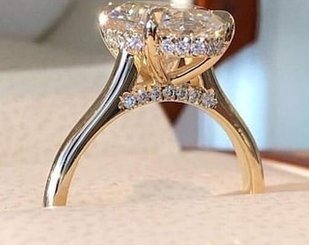 Anillo de compromiso de oro macizo de 14 quilates con diamantes cultivados en laboratorio de talla ovalada de 2 quilates, anillo de diamantes simulados con halo oculto, anillo de promesa de aniversario para mujer.