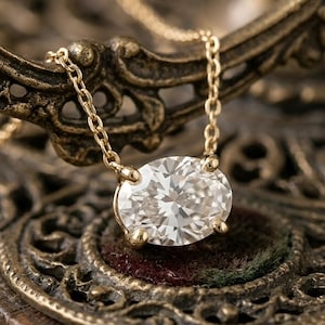 14K guld 0,27 ct diamant ovalt hänge, diamant solitaire halsband, ovalt öst-väst diamanthalsband, fastgjort diamanthalsband för henne